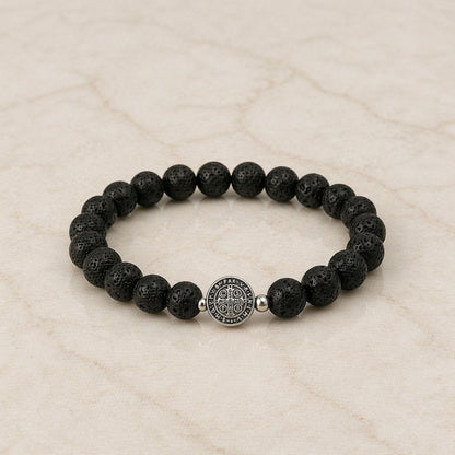 Pulsera Piedra Volcanica con Medalla de San Benito Plata 925